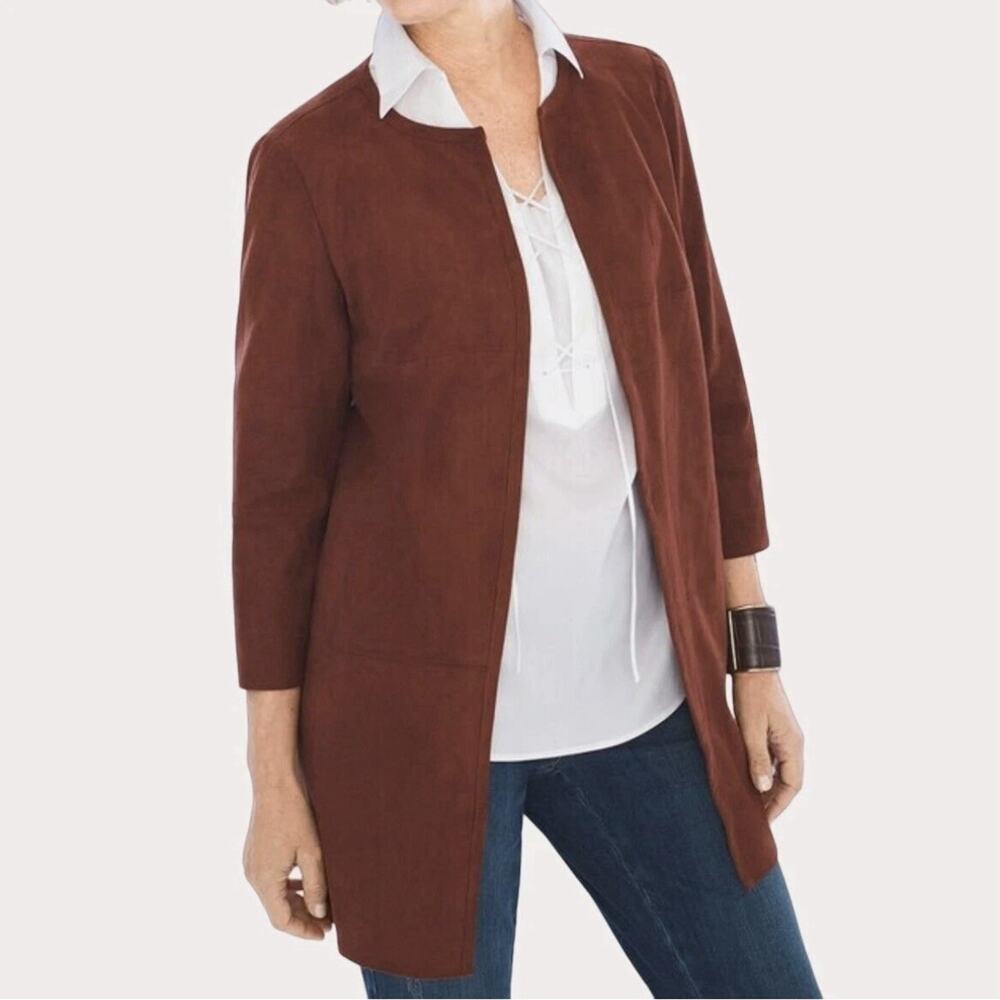Chicos Faux Suede Open Front Jacket SIZE‎ XL Brown Zip Detail 3/4 Sleeve
